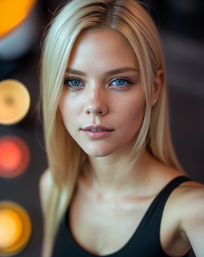 (selfie shot, from above: 1.4), (half-body portrait: 1.4), 24-year-old blonde (blue-eyed woman) walking in a bar RAW uhd portrait photo, natural breast_b, city background at night, (yellow sundress), (crack), detailed (texture!, hair!, shine, color!!, flaws: 1.1), highly detailed glowing eyes, (looking at camera), specular light, dslr, extreme quality, sharp focus, sharp, dof, Film grain, (centered), Fujifilm XT3, crystal clear, center of frame, cute face, sharp focus, street lamp, neon lights, bokeh, (dark light), low key, night, (night sky ) detailed skin pores, oil Dark skin, brown, complex eye details