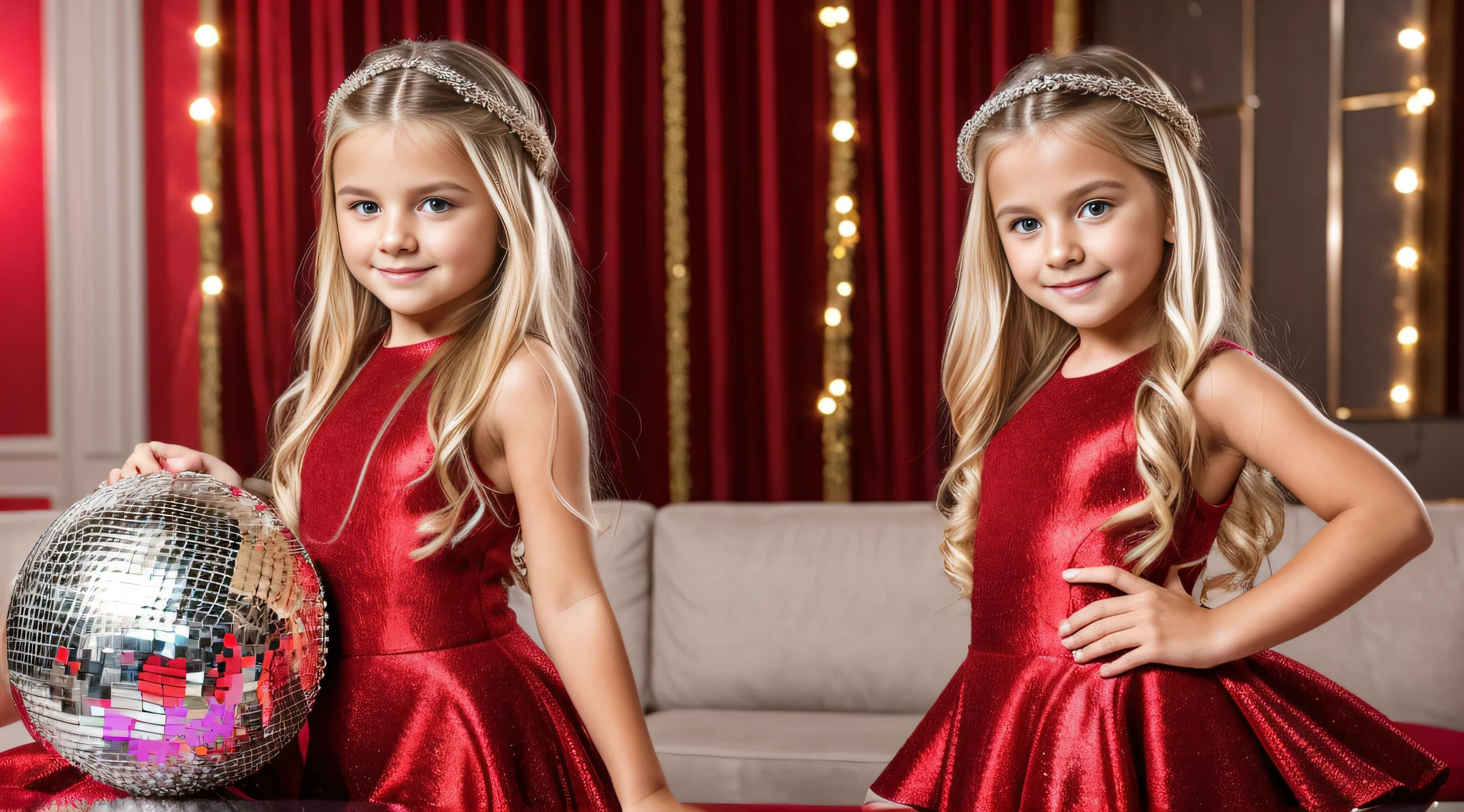a close-up of a blonde child with long hair, BIG BALL OF electrified ICE IN HANDS. posando na frente de bolas de discoteca em uma sala, child girl wears a red dress, pose de glamour, fazendo uma pose elegante, posar para uma foto, em um vestido vermelho, usando um vestido vermelho, em estilo glamoroso, bola de discoteca ao fundo, modelo jovem bonita, usando um vestido cintilante, Photo of a promotional session, Retrato no meio da foto, vestindo trajes formais vermelhos