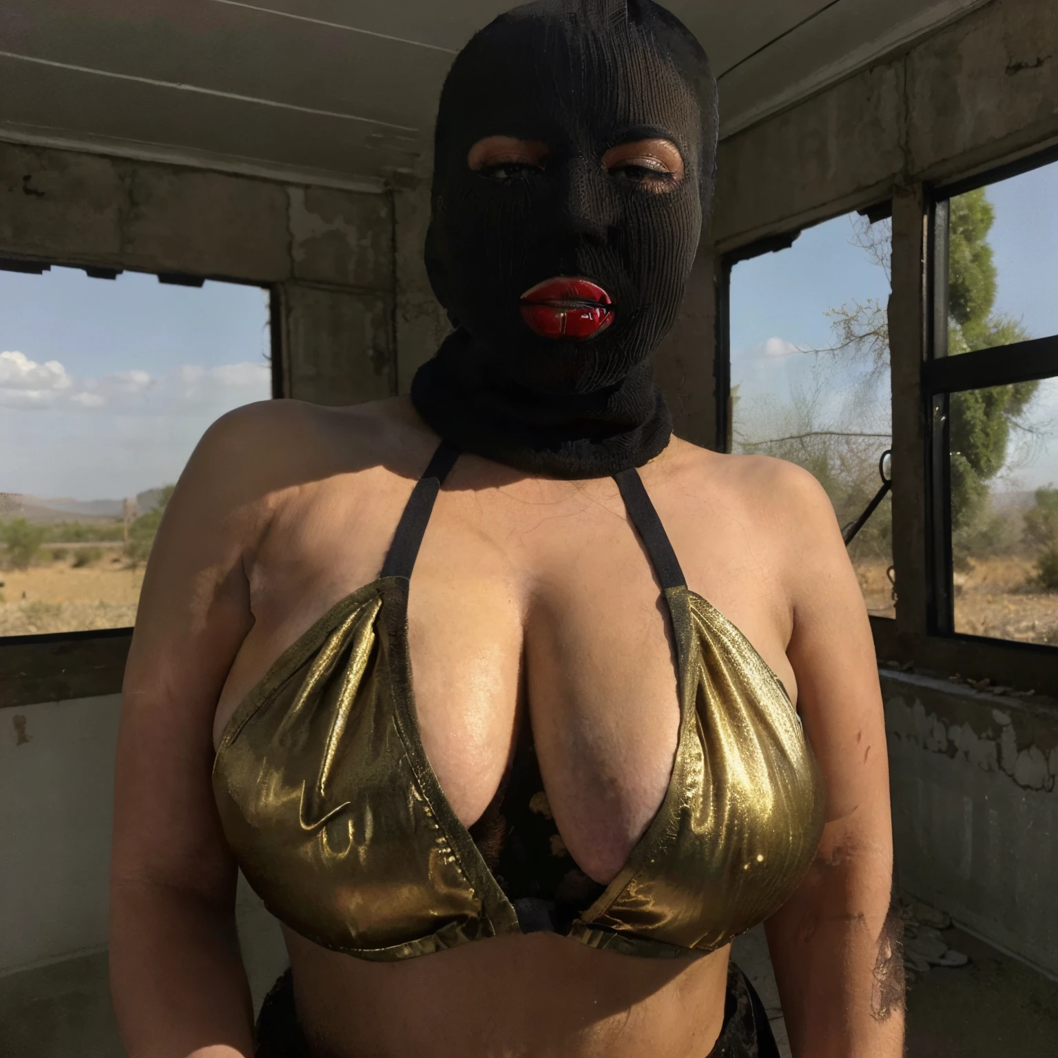 (Masterpiece:1.1, best quality:1.1, 32k HDR, high resolution), (1girl in, Solo), Arabian female, Arabian female terrorist, huge breasts, iron bra, sexy armor dress, black mask, (((full head mask, balaclava))), detailed skin texture, (in abandoned house, desert), perfect slim body,