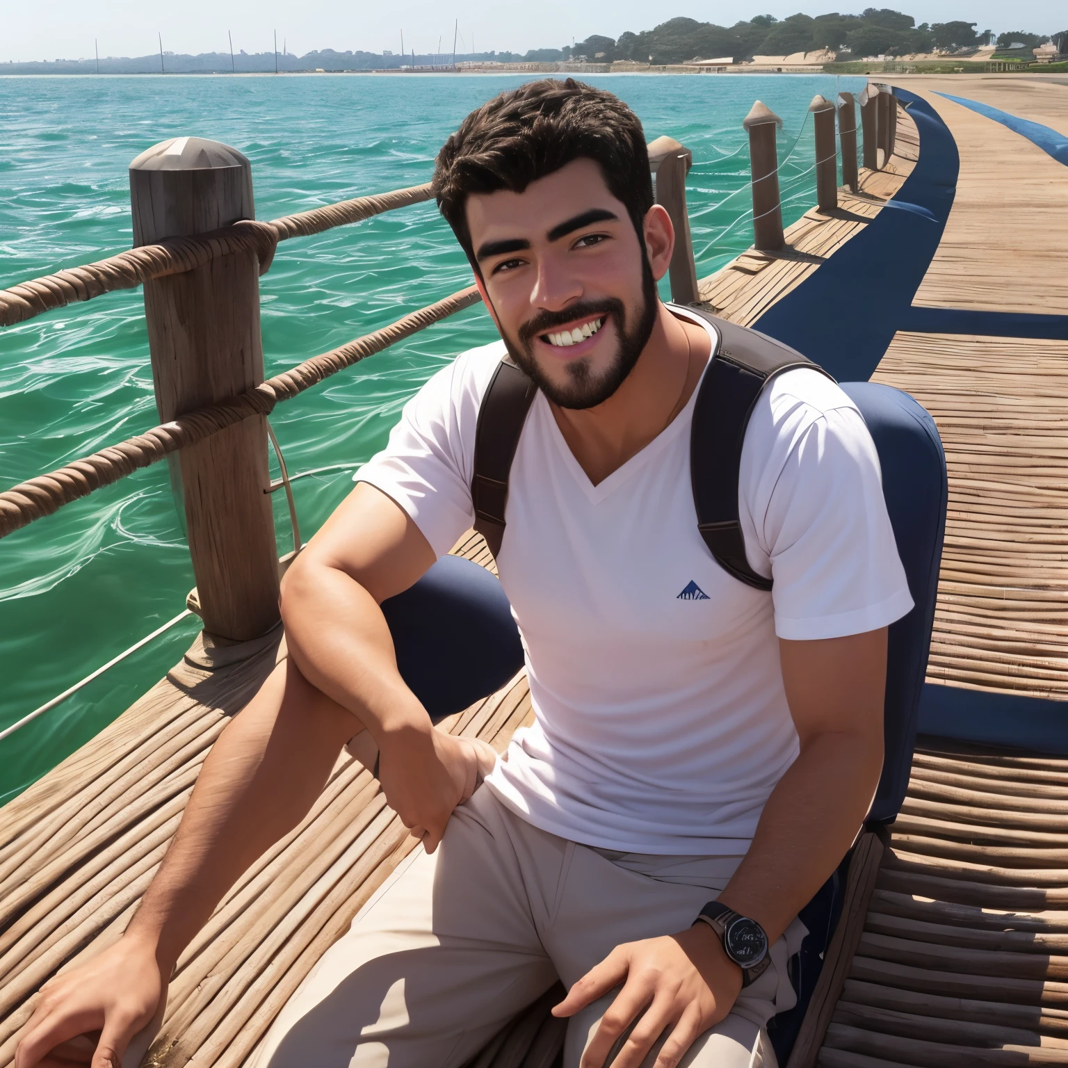 Hombre arafed sentado en un muelle sonriendo, una foto de Niko Henrichon, Shutterstock, Bellas Artes, Un hombre sentado en un embarcadero, Hombre atractivo, 38 year old man on a sailboat, Hombre atractivo, usar una camisa de lino, Hombre sonriente, Joven con corto, Relajarse en un yate en el mar, hombre sonriente