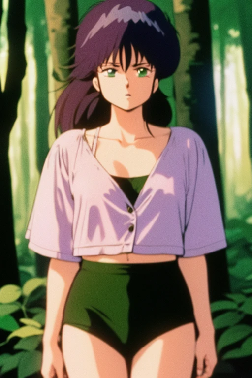 Madoka Ayukawa, Milk 867, 1girl in, Solo, (green hair in the forest:1.2), Asymmetrical haircuts, (Violet clothes:1.2) masutepiece, Best Quality, Photorealistic, Realistic, (Raw photo, 8K UHD, Film grain), Caustics, Subsurface scattering