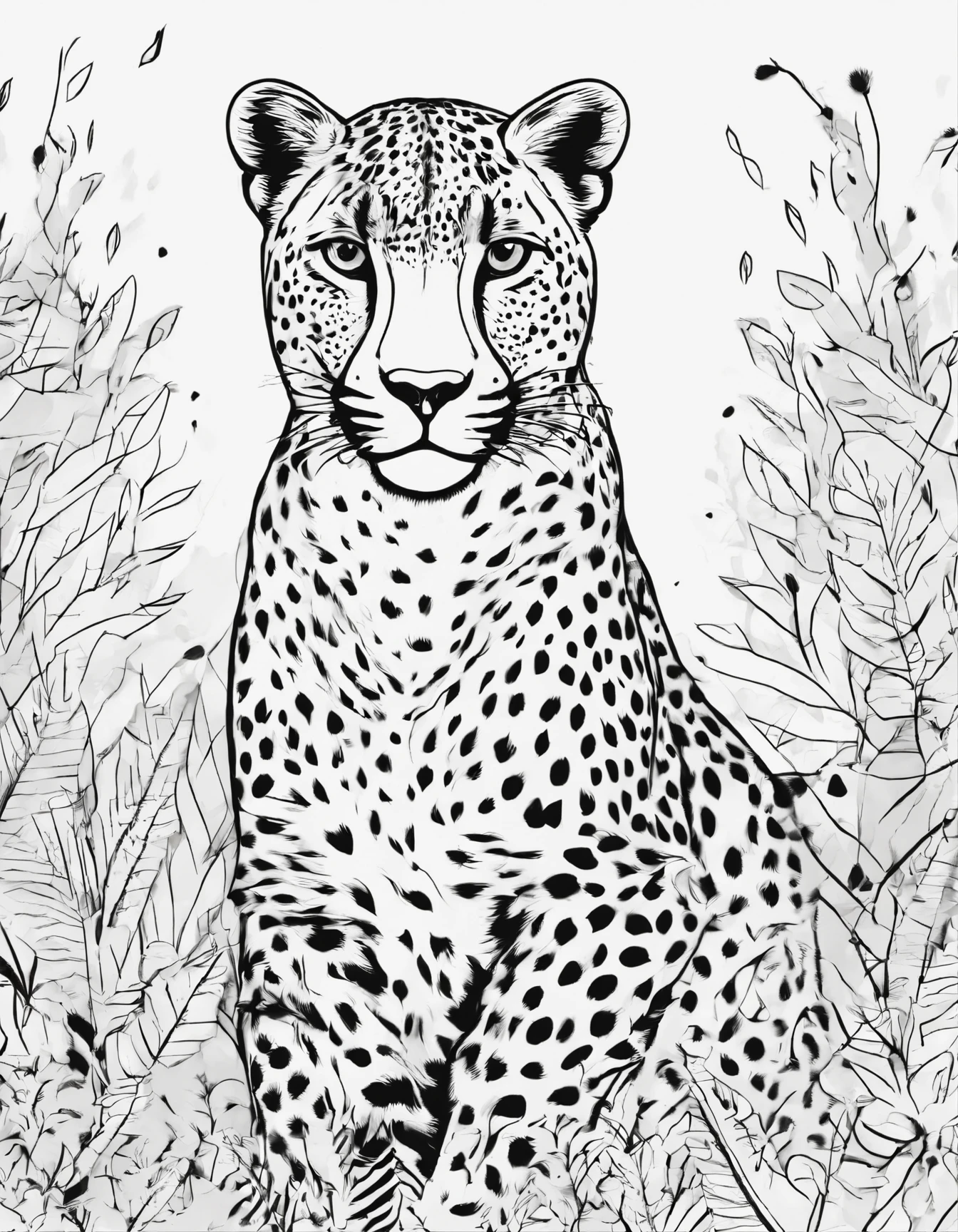(best quality,highres:1.2),cheetah cat,white background,coloring book,African savanna elements,wildlife,animals,nature,detailed fur,spots,paw prints,gradient colors,playful expression,endangered species,vibrant,colorful,sharp focus,sketch-like,line art style,comic style,crisp lines,high contrast lighting,vivid colors,texture,contrast,black eyes,whiskers,stripes