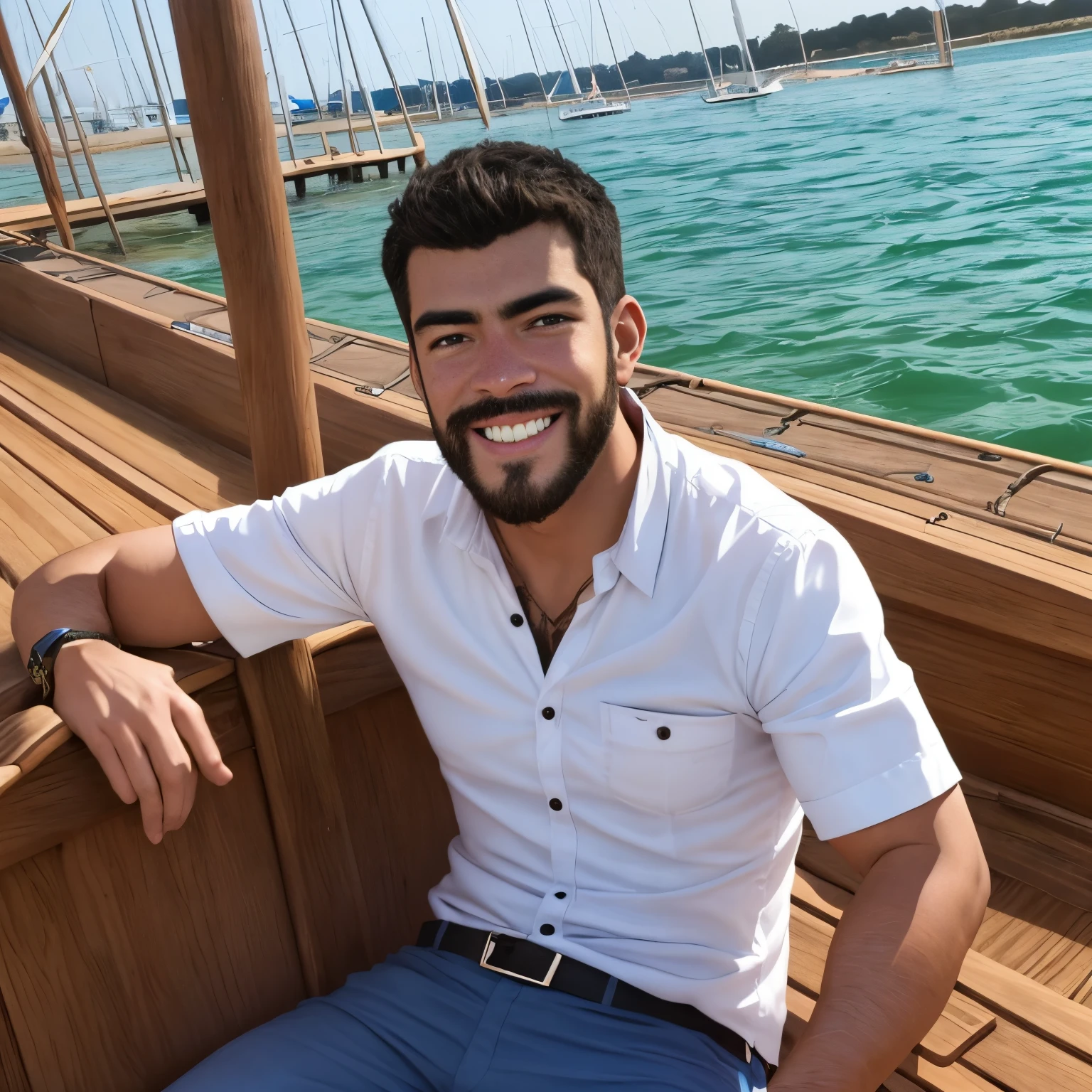 Hombre arafed sentado en un muelle sonriendo, una foto de Niko Henrichon, Shutterstock, Bellas Artes, Un hombre sentado en un embarcadero, Hombre atractivo, 38 year old man on a sailboat, Hombre atractivo, usar una camisa de lino, Hombre sonriente, Joven con corto, Relajarse en un yate en el mar, hombre sonriente