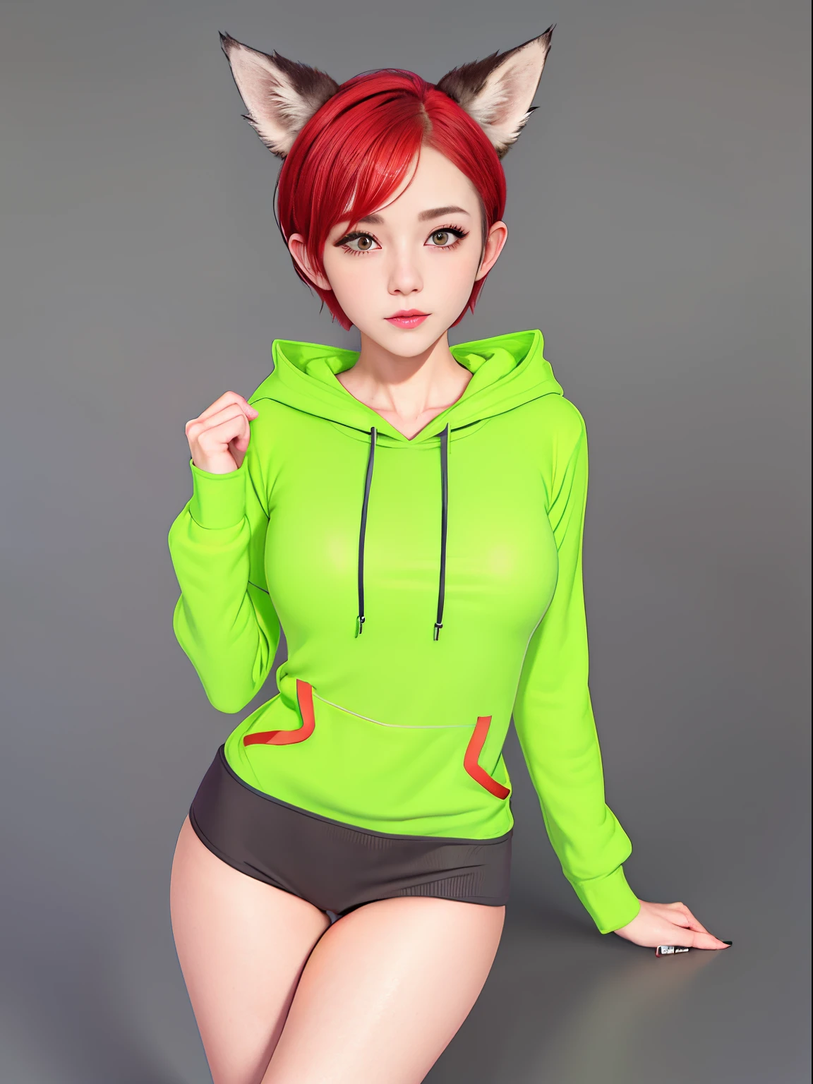 1girl, full body, teenager, solo, (short pixie cut Hair, undercut red hair: 1.28), ((light gray eyes)), some small freckles, (dark fox ears: 1.35), pale skin, large breasts, (thin hips, thin waist , athletic body: 1.25), simple background, looking away, (wearing a big oversized lime green hoodie: 1.5), kneeling on a bed, in a bedroom, masterpiece, best quality,3d rending work ,3DMM style, close-up, portrait, 3D,