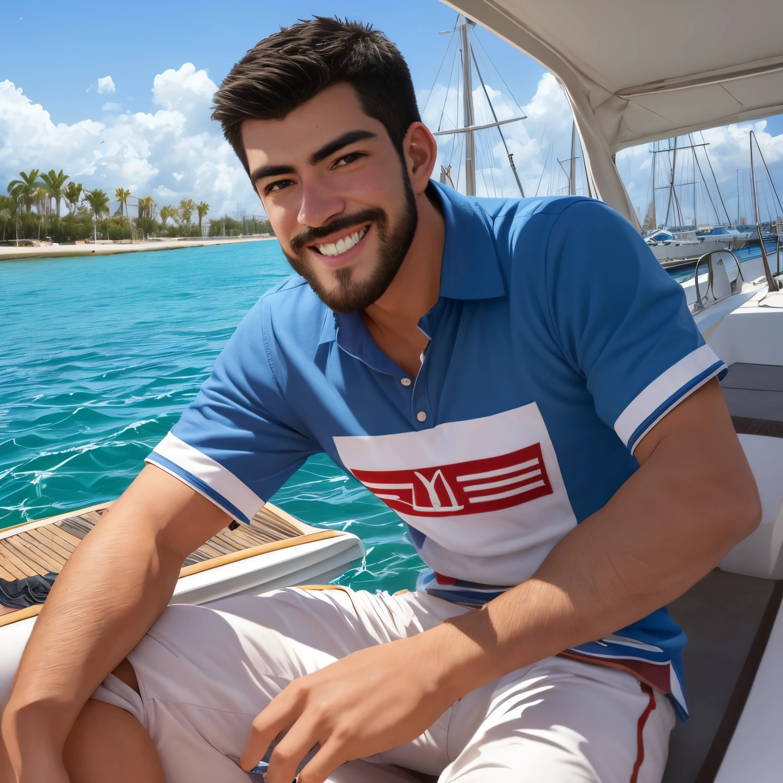 Hombre arafed sentado en un muelle sonriendo, una foto de Niko Henrichon, Shutterstock, Bellas Artes, Un hombre sentado en un embarcadero, Hombre atractivo, 38 year old man on a sailboat, Hombre atractivo, usar una camisa de lino, Hombre sonriente, Joven con corto, Relajarse en un yate en el mar, hombre sonriente