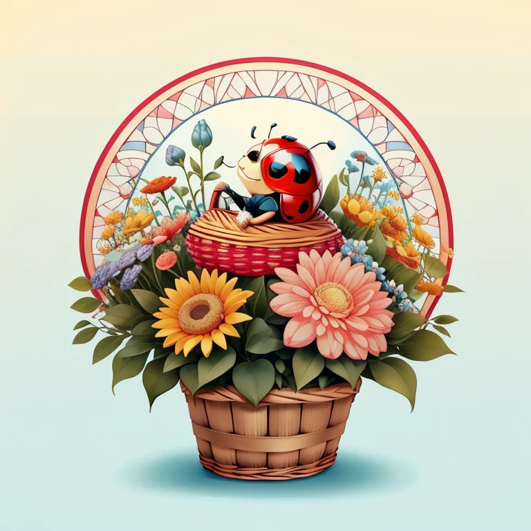 (cute ladybug smiling with basket of flowers), Munchkin ,Geometric multidimensional wall portrait, livro de arte, Tchibi,
Yang08k, Beautiful, Colouring,
Obras, of the highest quality, best quality, Arte Oficial, Beautiful and Aesthetic,