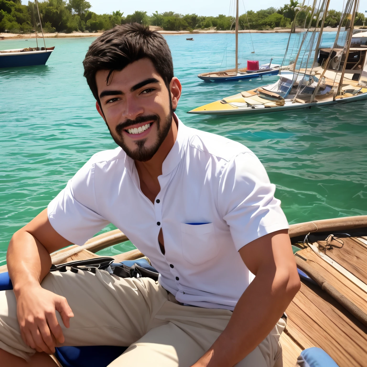 Hombre arafed sentado en un muelle sonriendo, una foto de Niko Henrichon, Shutterstock, Bellas Artes, Un hombre sentado en un embarcadero, Hombre atractivo, 38 year old man on a sailboat, Hombre atractivo, usar una camisa de lino, Hombre sonriente, Joven con corto, Relajarse en un yate en el mar, hombre sonriente