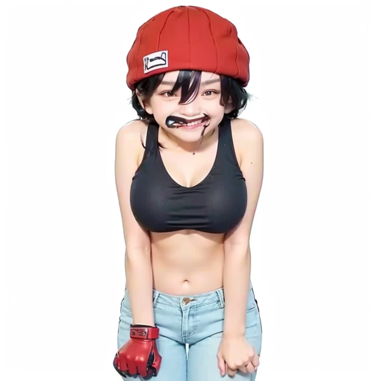 girl, short black hair, red hat, black top, very light-blue jeans, red glove on the right
