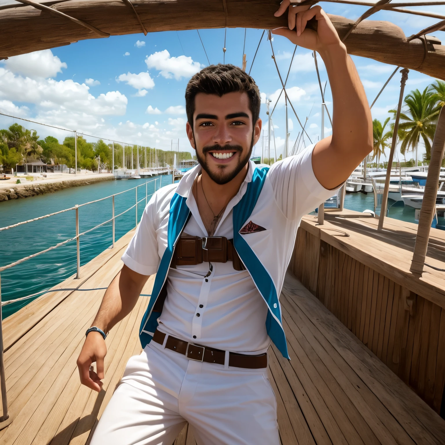 Hombre arafed sentado en un muelle sonriendo, una foto de Niko Henrichon, Shutterstock, Bellas Artes, Un hombre sentado en un embarcadero, Hombre atractivo, 38 year old man on a sailboat, Hombre atractivo, usar una camisa de lino, Hombre sonriente, Joven con corto, Relajarse en un yate en el mar, hombre sonriente