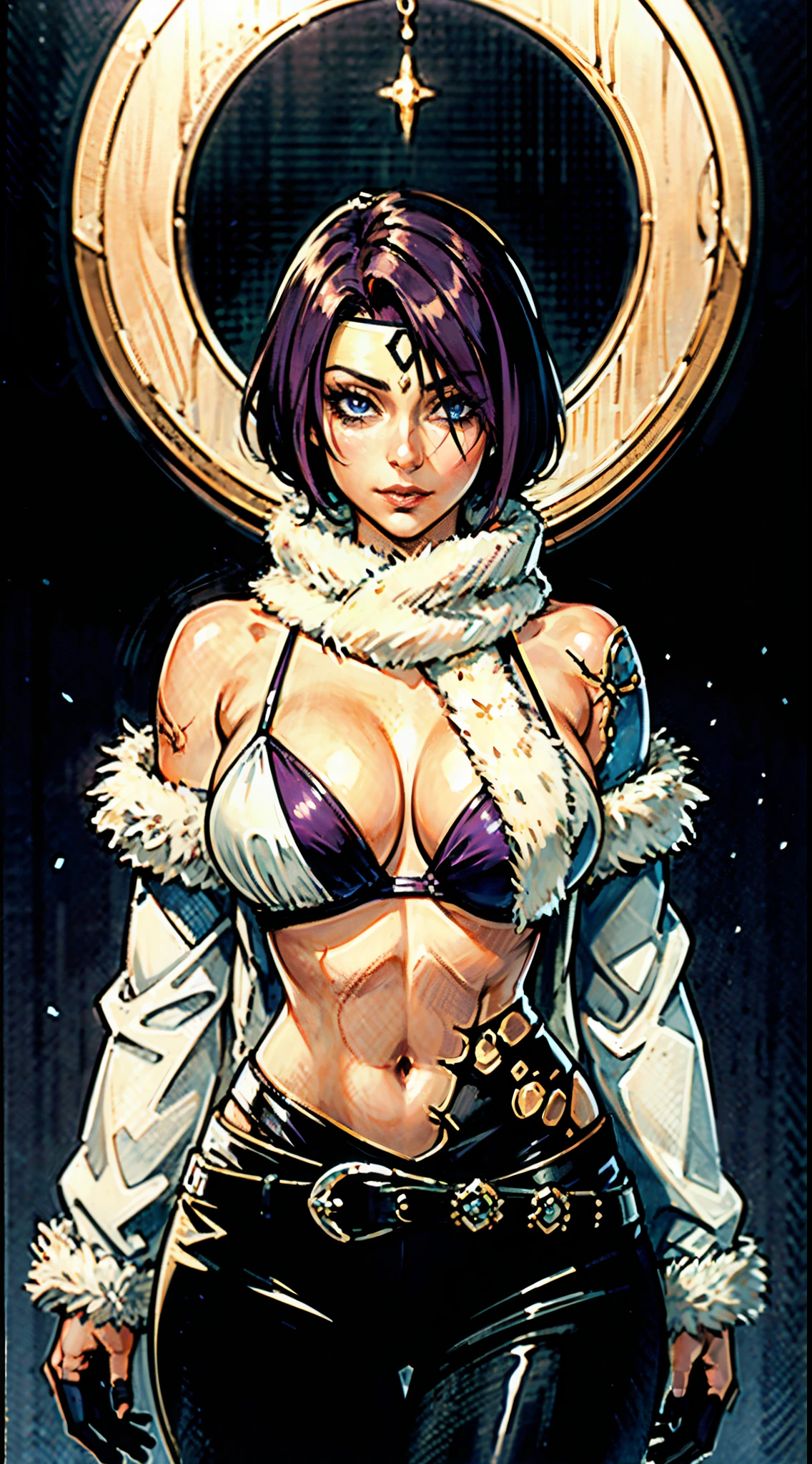 A beautiful woman, short purple hair, long bangs covering her left eye, a headband on her forehead, an exquisite and charming face, a mysterious gaze, a faint smile, draped over her shoulders is a thick fur scarf connected to sleeves made of the same fur, a fantasy-style bikini outfit, showcases her delicate and alluring figure, a fur belt around her waist, the background features a cracked giant stone in the wilderness emitting an eerie glow, this character embodies a finely crafted fantasy-style female villain in anime style, exquisite and mature manga art style, perfect body, perfect nose, goddess, femminine, high definition, best quality, highres, ultra-detailed, ultra-fine painting, extremely delicate, professional, anatomically correct, symmetrical face, extremely detailed eyes and face, high quality eyes, creativity, RAW photo, UHD, 8k, Natural light, cinematic lighting, masterpiece-anatomy-perfect, masterpiece:1.5