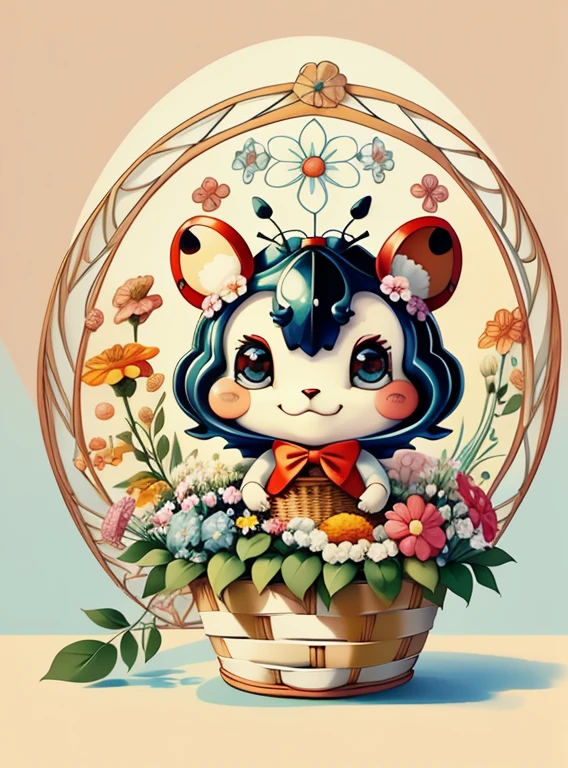 (cute ladybug smiling with basket of flowers), Munchkin ,Geometric multidimensional wall portrait, livro de arte, Tchibi,
Yang08k, Beautiful, Colouring,
Obras, of the highest quality, best quality, Arte Oficial, Beautiful and Aesthetic,
