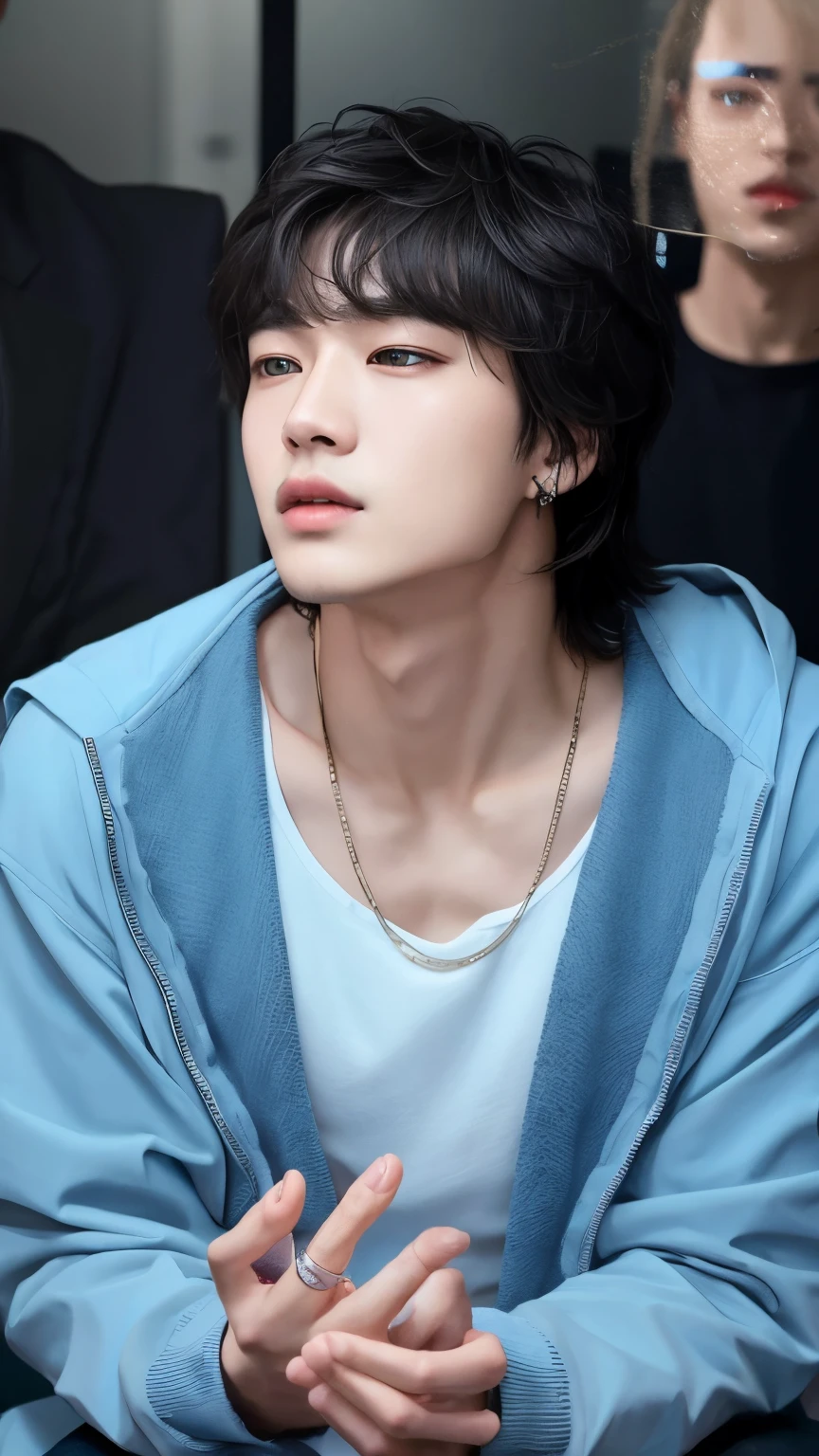 There is a man sitting with a cell phone in his hand, young wan angel, Jung Jaehyun, Yoongi de pelo negro, Hyung Tae, hwang se - on, Taejune Kim, Shin Jeongho, Hong June Hyung, Capturado con Canon EOS R 6, Jimin, inspirado en Kun Can, inspirado por Bian Shoumin, Wan adorable cara coreana