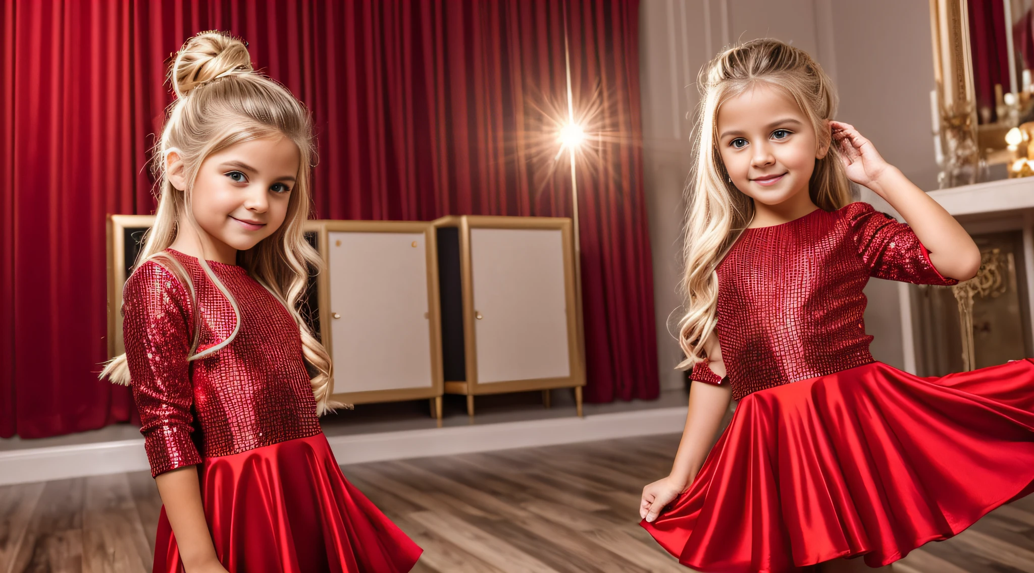 a close-up of a BLONDE with long hairBUN, BIG BALL OF electrified ICE IN HANDS. posando na frente de bolas de discoteca em uma sala, child wears a red dress, pose de glamour, fazendo uma pose elegante, posar para uma foto, em um vestido vermelho, usando um vestido vermelho, em estilo glamoroso, bola de discoteca ao fundo, modelo jovem bonita, usando um vestido cintilante, Photo of a promotional session, Retrato no meio da foto, vestindo trajes formais vermelhos