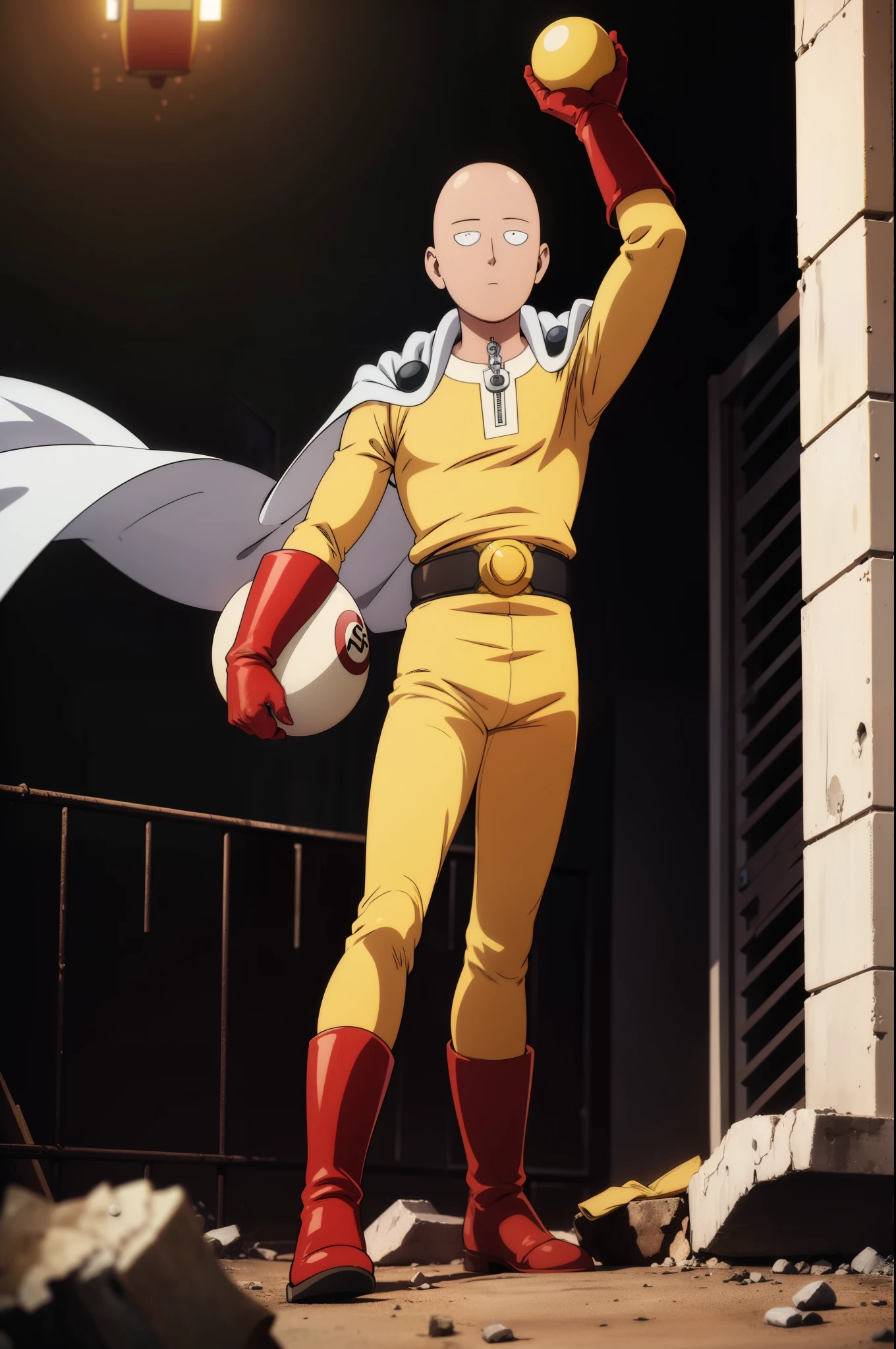 High resolution, one punch man art style, Saitama, bald guy, bland face, yellow suit, red boots, white cape, red gloves, standing on skycraper, holding a ball with hands, full body,