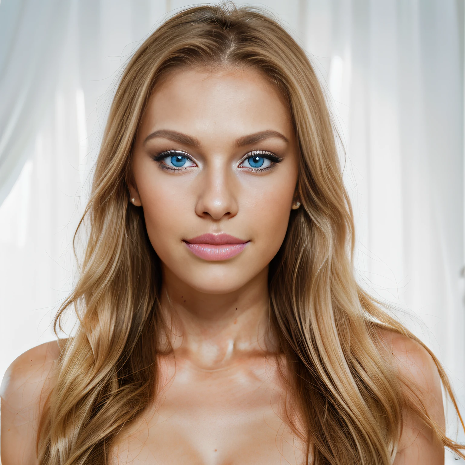 retrato profesional de miss usa, Luz natural, ((Cara impecable)) ((enormemente atractivo)), ((Looking at the camera)), cabello rubio claro, piel luminosa y perfecta, ((Enormes ojos azules)), ( (labios carnosos,)) Cabello largo.