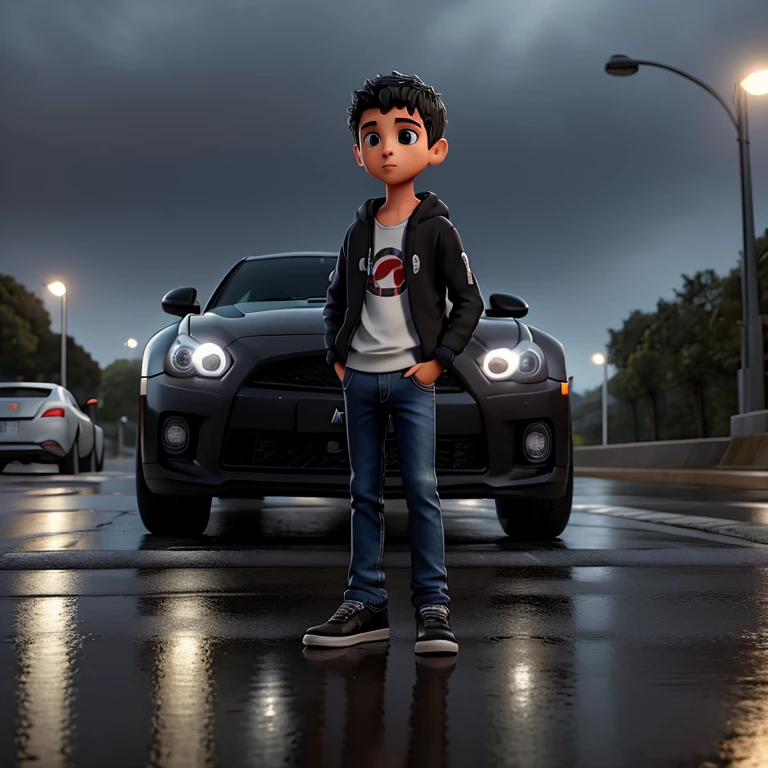Descreva a cena de um jovem com capuz, wearing a black sweatshirt and jeans, standing on the sidewalk on a rainy night. He is looking at a shiny GTR R35 car passing on the road., Your admiration visible in your eyes. The light from the headlights reflects on the puddles of water around you, enquanto a chuva cai suavemente sobre ele. O som do motor potente ecoa no ar, misturando-se ao som da chuva. The boy remains motionless, captured by the elegance and speed of the car, dreaming of the day when you can be behind the wheel of such an impressive machine.