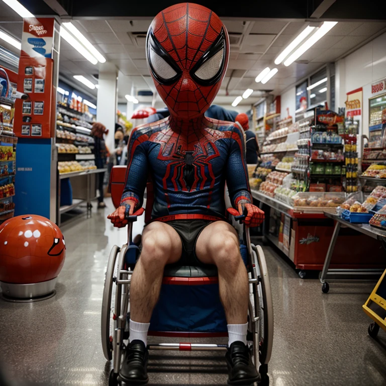 Autistic spider man in a wheel chair for people with autism with big head