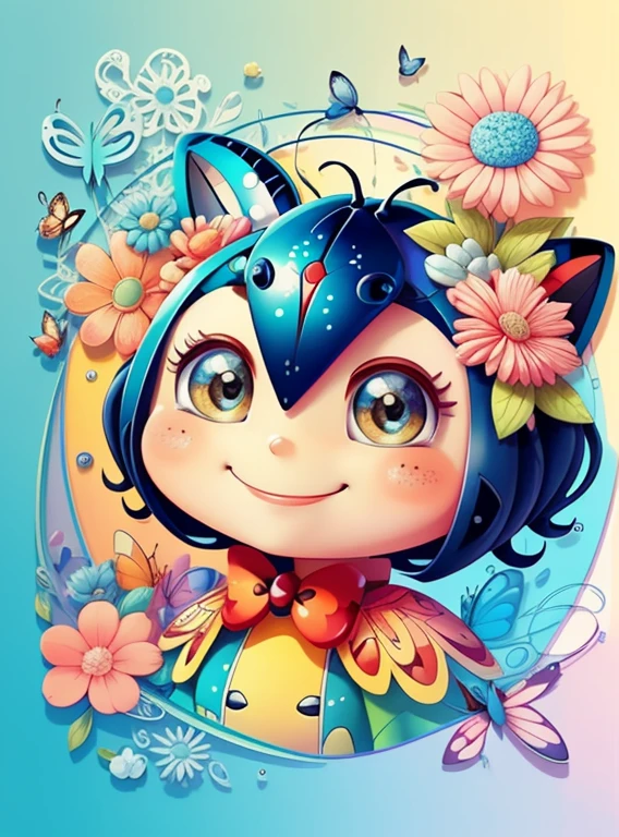 (cute ladybug smiling with flowers and butterflies), Munchkin ,Geometric multidimensional wall portrait, livro de arte, Tchibi,
Yang08k, Beautiful, Colouring,
Obras, of the highest quality, best quality, Arte Oficial, Beautiful and Aesthetic,