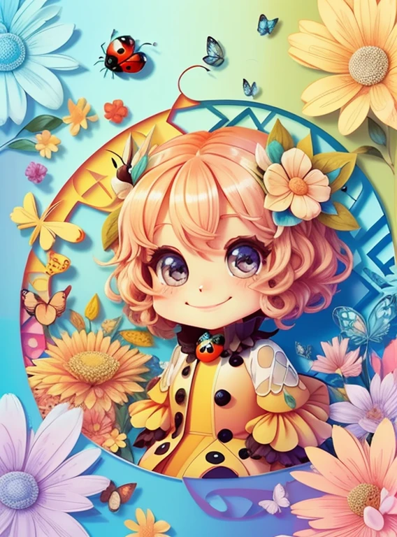 (cute ladybug smiling with flowers and butterflies), Munchkin ,Geometric multidimensional wall portrait, livro de arte, Tchibi,
Yang08k, Beautiful, Colouring,
Obras, of the highest quality, best quality, Arte Oficial, Beautiful and Aesthetic,