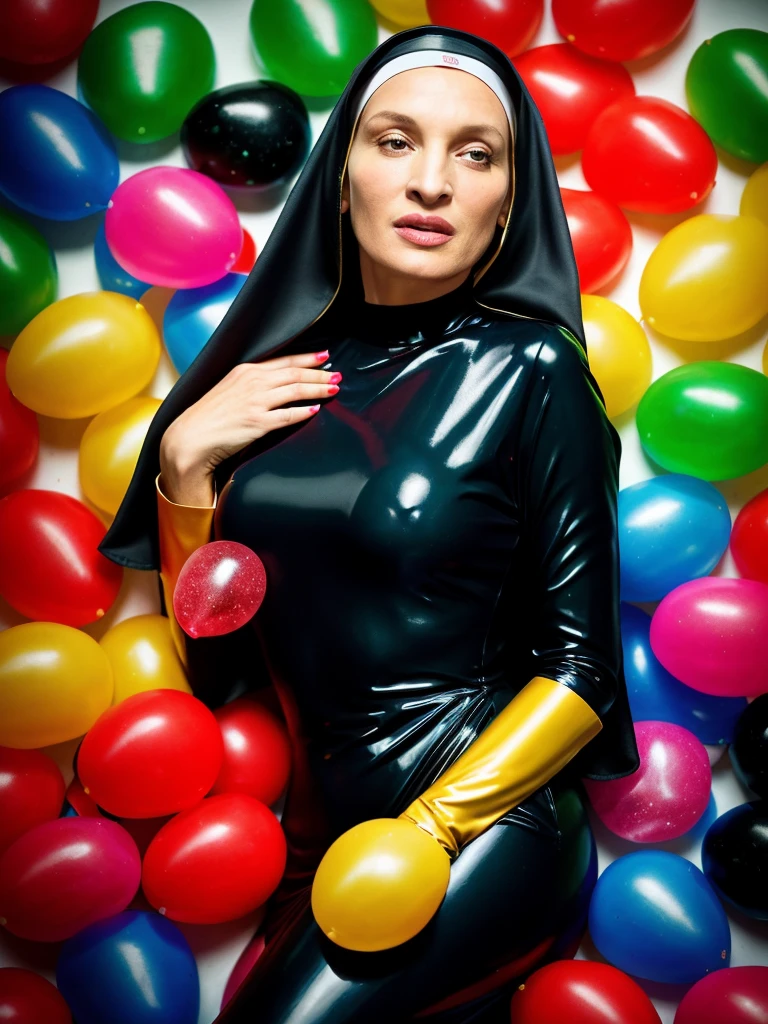 (full body shot, ultra-detailed, best quality, photorealistic:1.37, 4k, realistic, portrait, photography, Uma Thurman, iconic pose, latex, dressed like a nun, falling candies in front of the camera, detailed facial features, vibrant colours, 35mm)