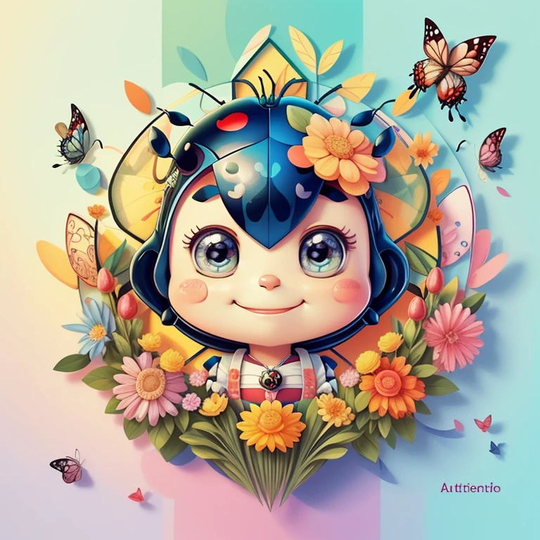 (cute ladybug smiling with flowers and butterflies), Munchkin ,Geometric multidimensional wall portrait, livro de arte, Tchibi,
Yang08k, Beautiful, Colouring,
Obras, of the highest quality, best quality, Arte Oficial, Beautiful and Aesthetic,