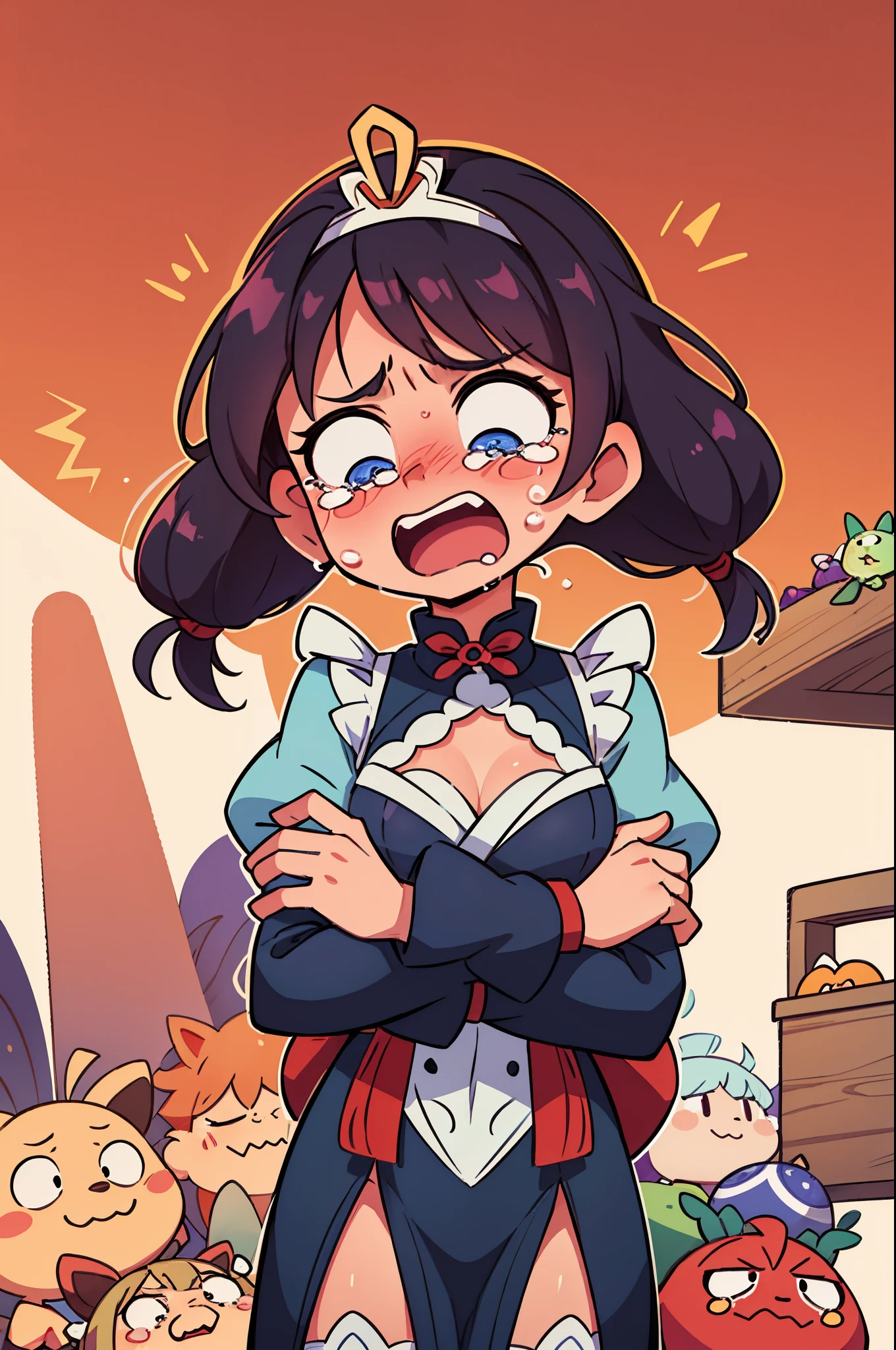 Classroom scene、girl with、独奏、Long、Black hair pastel blue sailor suit、Crying expression、sad Facial expression、Blood on my face