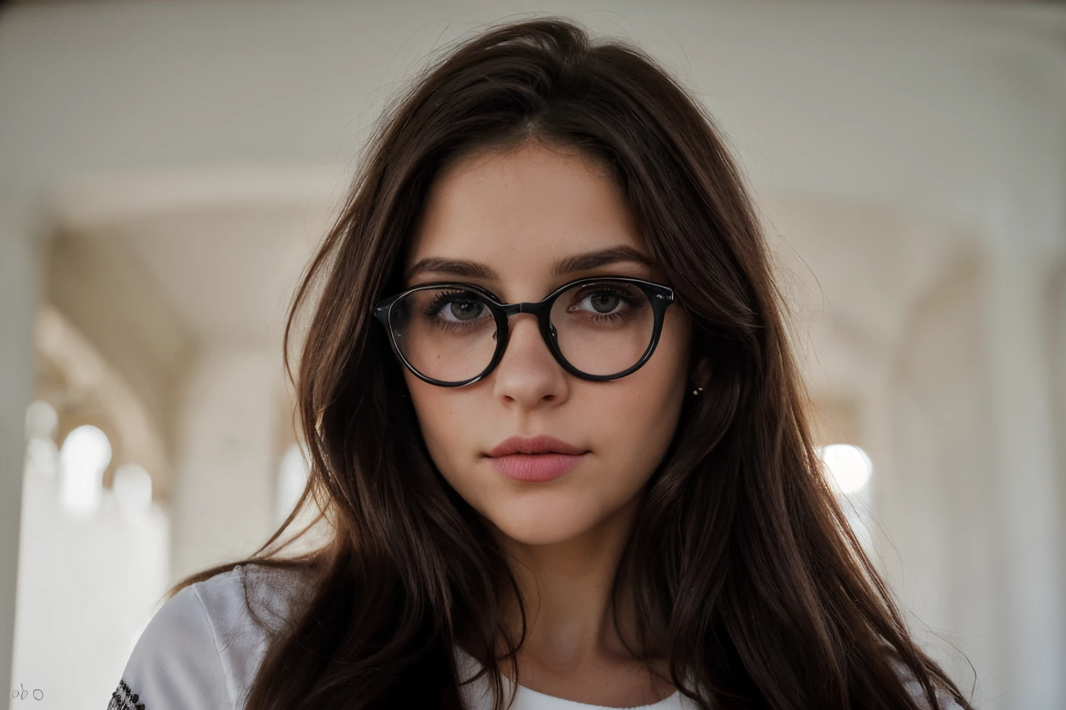 (mejor calidad, ultra detallado) (retrato, hermosos ojos detallados, hermosos labios detallados, ojos y rostro extremadamente detallados), piel clara, cabello negro, ojos estrechos, labios carnosos,lentes negros