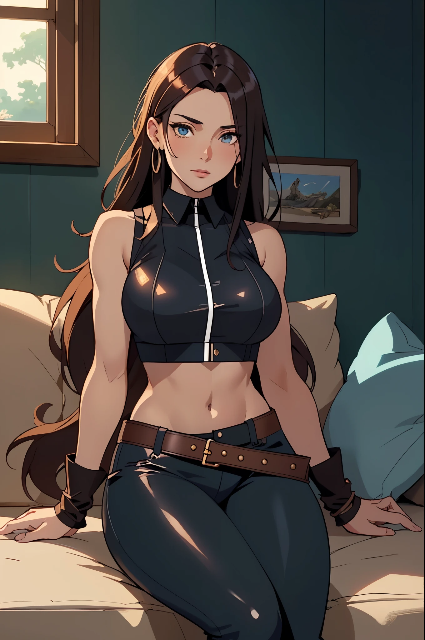 a beautiful woman with long hair, her delicate face exuding a cold and proud gaze, dressed in a high-collared crop top that exposes her waist and sleeveless leather armor, paired with tight-fitting leather pants, showcasing her athletic figure, holds a sword with a blue scabbard in her hand, she lazily sitting on a sofa, the character design depicting a fantasy-style bounty hunter with a Japanese anime design, the artwork features finely detailed character design, showcasing a mature Japanese manga artistic style, ((character concept art)), full body character drawing, high definition, best quality, ultra-detailed, extremely delicate, anatomically correct, symmetrical face, extremely detailed eyes and face, high quality eyes, creativity, RAW photo, UHD, 8k, (Natural light, professional lighting:1.2, cinematic lighting:1.5), (masterpiece:1.5)