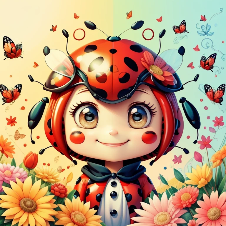 (cute red ladybug smiling with flowers and butterflies), Munchkin ,Geometric multidimensional wall portrait, livro de arte, Tchibi,
Yang08k, Beautiful, Colouring,
Obras, of the highest quality, best quality, Arte Oficial, Beautiful and Aesthetic,