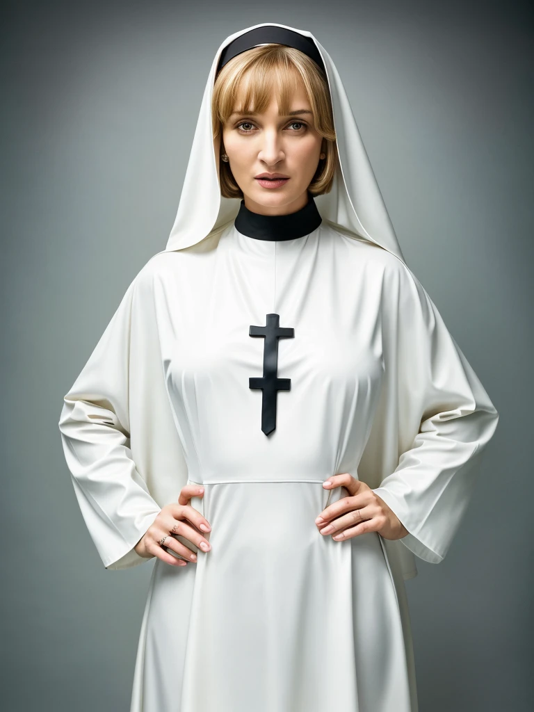 (full body shot, ultra-detailed, best quality, photorealistic:1.37, 4k, realistic, portrait, photography, Uma Thurman with blonde short bob haircut, iconic pose, latex, dressed like a nun, detailed facial features, vibrant colours, 35mm)