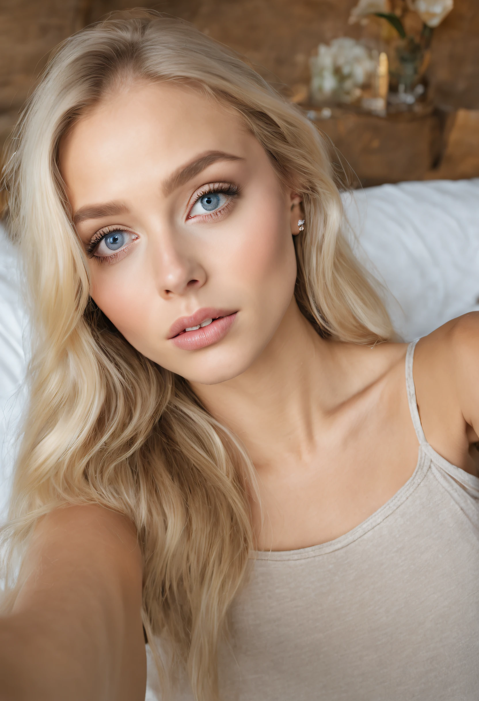 arafed frau voll , Sexy girl with blue eyes, ultra realistisch, Akribisch detailliert, portrait sophie mudd, blonde hair and large eyes, Selfie einer jungen Frau, Augen im Schlafzimmer, Violet Myers, ohne Make-up, Natural makeup, Blick direkt in die Kamera, Gesicht mit Artgram, dezentes Make-up, Stunning full body shot, die auf dem Bett kniet, im Schlafzimmer, medium to large bust size