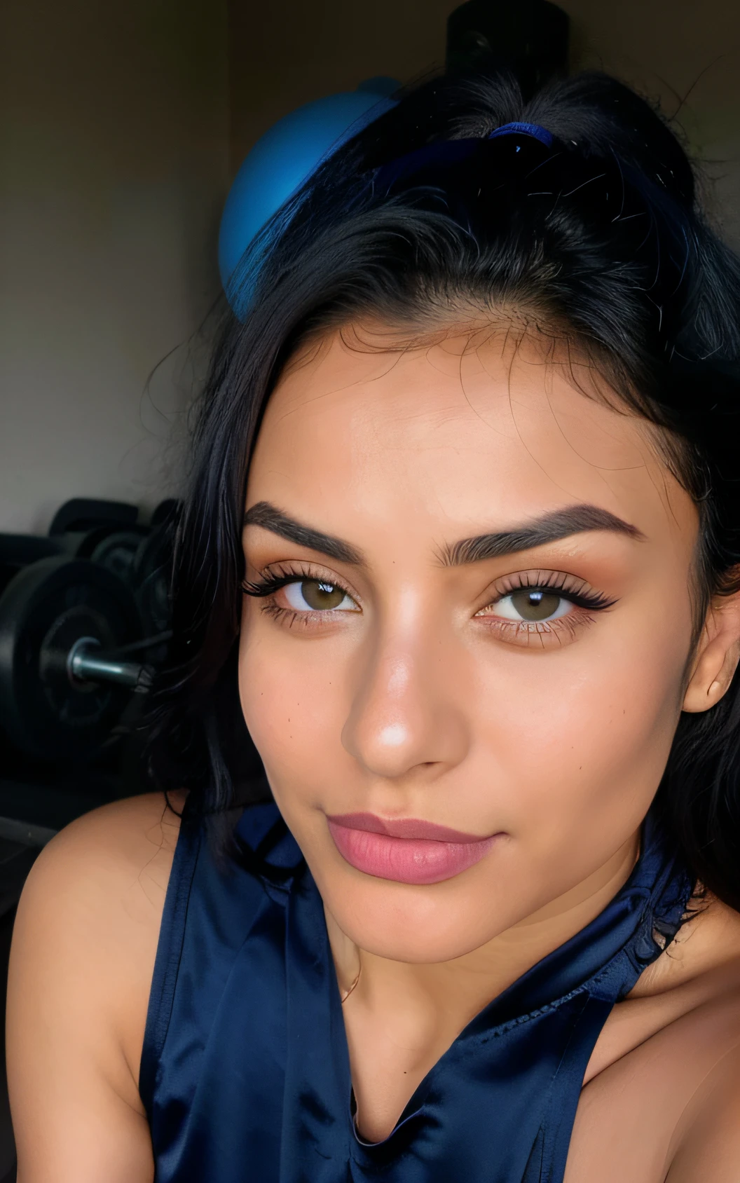 cute armenian woman, blue hair, Fundo de Yerevan, pele brilhante, skin pores, pele detalhada, Textura detalhada da pele, Gym look, beautiful face, low saturation, luz natural, detalhe insano, luz suave, fotografia real, Full HD, Tirado em um iPhone 14 Pro Max