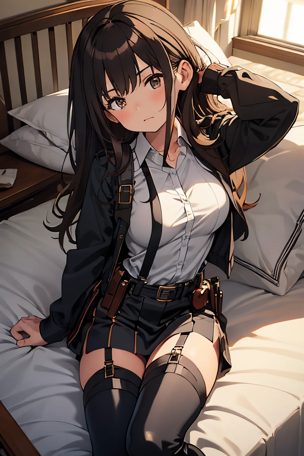 Brown hair、watching at viewers black suspenders Bulging big breasts walls: Black miniskirt garters Gaze Small face bangss holster Belt Armament Beautuful Women srestrained hands up Lying in bed Leg holster lying on the bed Gaze black boots panty shot