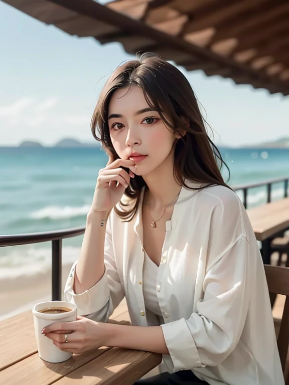image of a woman having a coffee in a very beautiful restaurant overlooking the sea