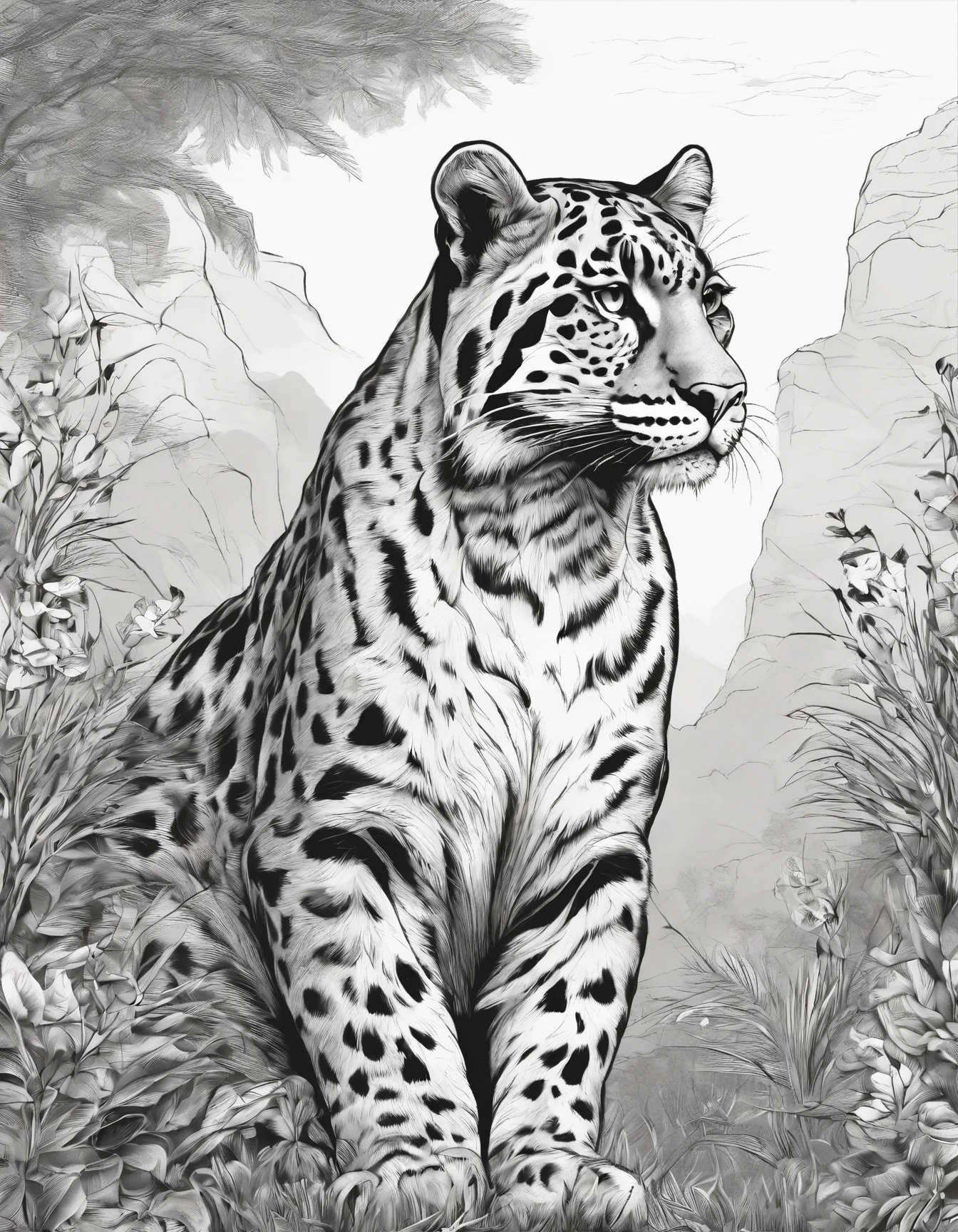 b/w,no greyscale,best quality,ultra-detailed,realistic,Clouded Leopard wild cat for coloring book,white background,sharp focus,physically-based rendering,professional,vivid colors,portraits,cat,beautiful detailed eyes,beautiful detailed lips,African savanna elements,colorful flowers,lush grass,blue sky,tall acacia trees,sunlight shining,peaceful atmosphere,furry mane,strong and majestic demeanor