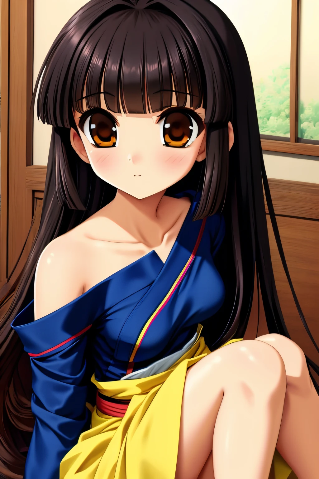 retro anime, 2000s anime, 2000s anime, early 2000's inspired anime, early 2000's esthetics, solo, 1girl, masterpiece, best quality, brown eyes, long black hair, blunt bangs, amber eyes, steaming, (freckles:0.8), collarbone, exposed shoulders, small breasts, woman in a yellow kimono sitting on a ledge, pala