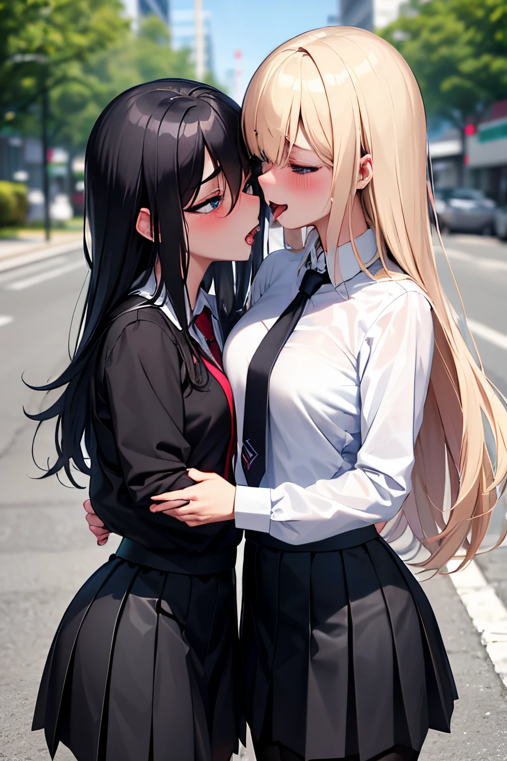 two asian girls kissing each other in public outdoors in korea, french kiss, skirt, kiss, tongue, pantyhose, long hair, blue eyes, yuri, black hair, multiple girls, 2girls, blonde hair, necktie, school uniform, striped necktie, black skirt, white shirt, shirt, long sleeves, outdoors, tongue out, pleated skirt, blush,ahegao,Estrus,aphrodisiac,climax,acme ape,slaves,Saliva, droolng, All sweaty, Covered in sweat,navel