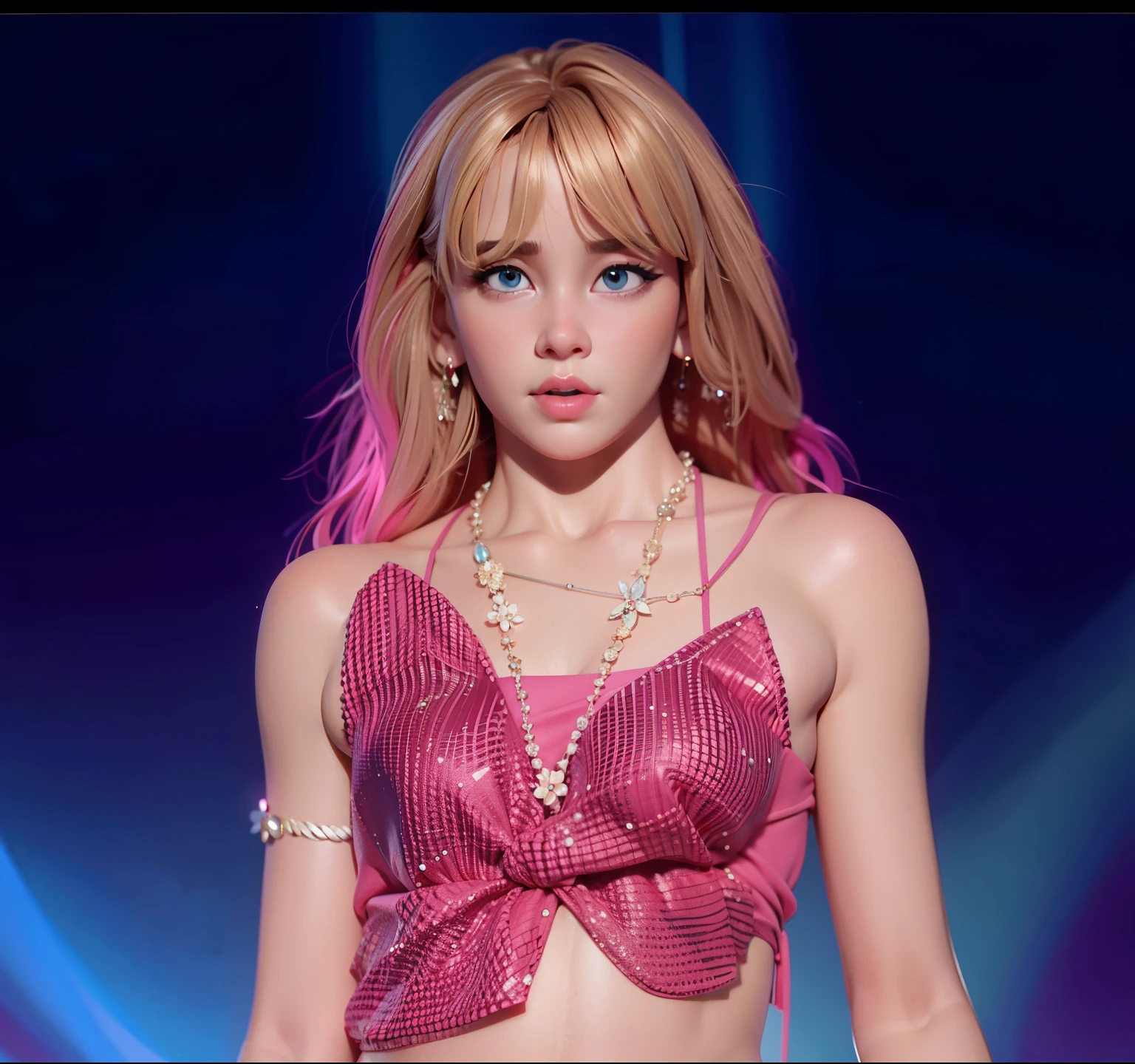 a close up of a person in a pink top and a diamond necklace, luxurious necklace, elegant necklace, small breast, petite figure, looking at viewer, pupil at centre, baby eyes, small eyes, a bit plump cheeks