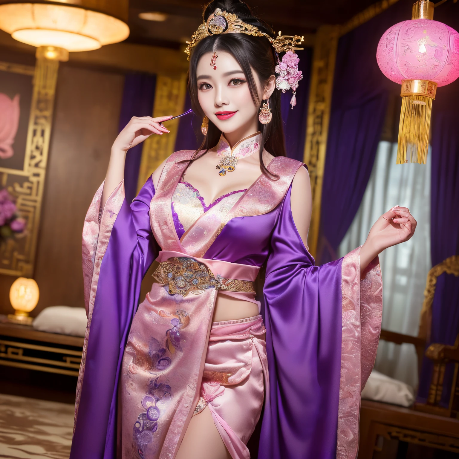 ((top-quality、masutepiece、8K、Top image quality、Highly complex and detailed depictions))、(the most gorgeous chinese goddess:1.1)、((The most gorgeous prostitution goddess huge costume、The most vivid and luxurious Chinese costumes、big long chinese goddess costume、The unimaginably beautiful bedroom of a Chinese goddess、purple and pink gems、(purple and pink goddess bedroom:1.3)、(romantic dark night:1.2)、(pink and purple lighting:1.2)、spectacular movie lighting、A glittering room decorated with jewels、The most sacred and beautiful Chinese goddess'Bedroom、mid night、Very complex decoration、very clear chinese goddess bedroom、(View me、Bewitching smile、Perfect makeup、long eyelashes、lipsticks、Pink eyeshadows、perfect anatomia、Biggest smile)、(huge beautiful curtains:1.1)、(The most elaborate goddess room:1.2)、(Professionally designed, Interior design with a sense of unity:1.3)