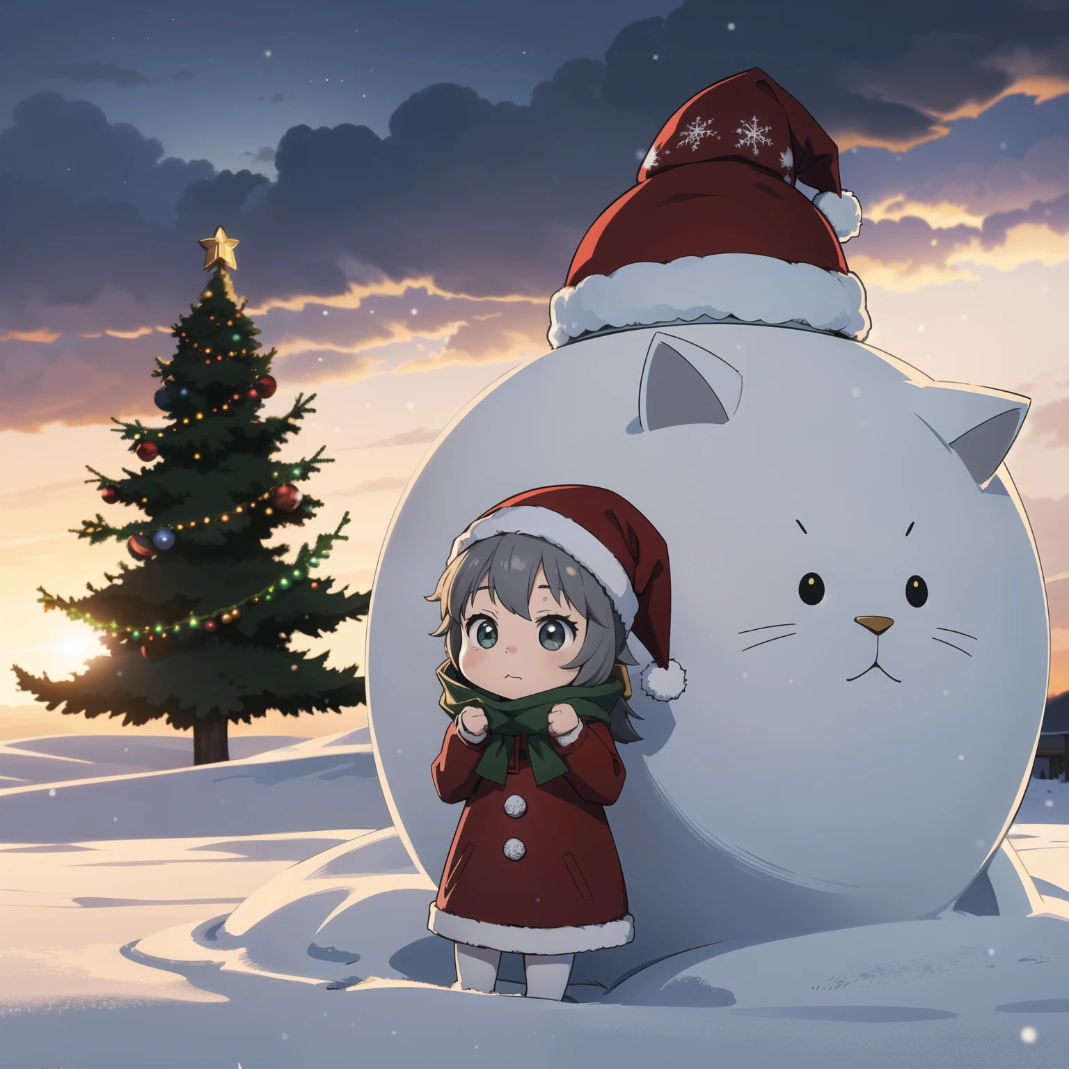 ((Christmas time)), ((Winter) 1cat, cute, small, chibi wearing a Christmas hat. Christmas Ligts, snowy day, with gray clouds, sunset sky.