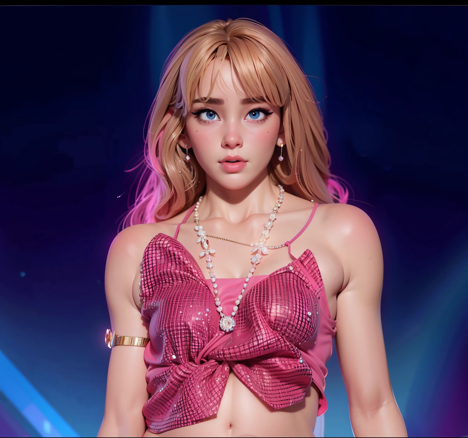 a close up of a person in a pink top and a diamond necklace, luxurious necklace, elegant necklace, small chest, looking at viewer, pupil at centre, baby eyes, a bit plump cheeks, masterpiece, high detail, high resolution