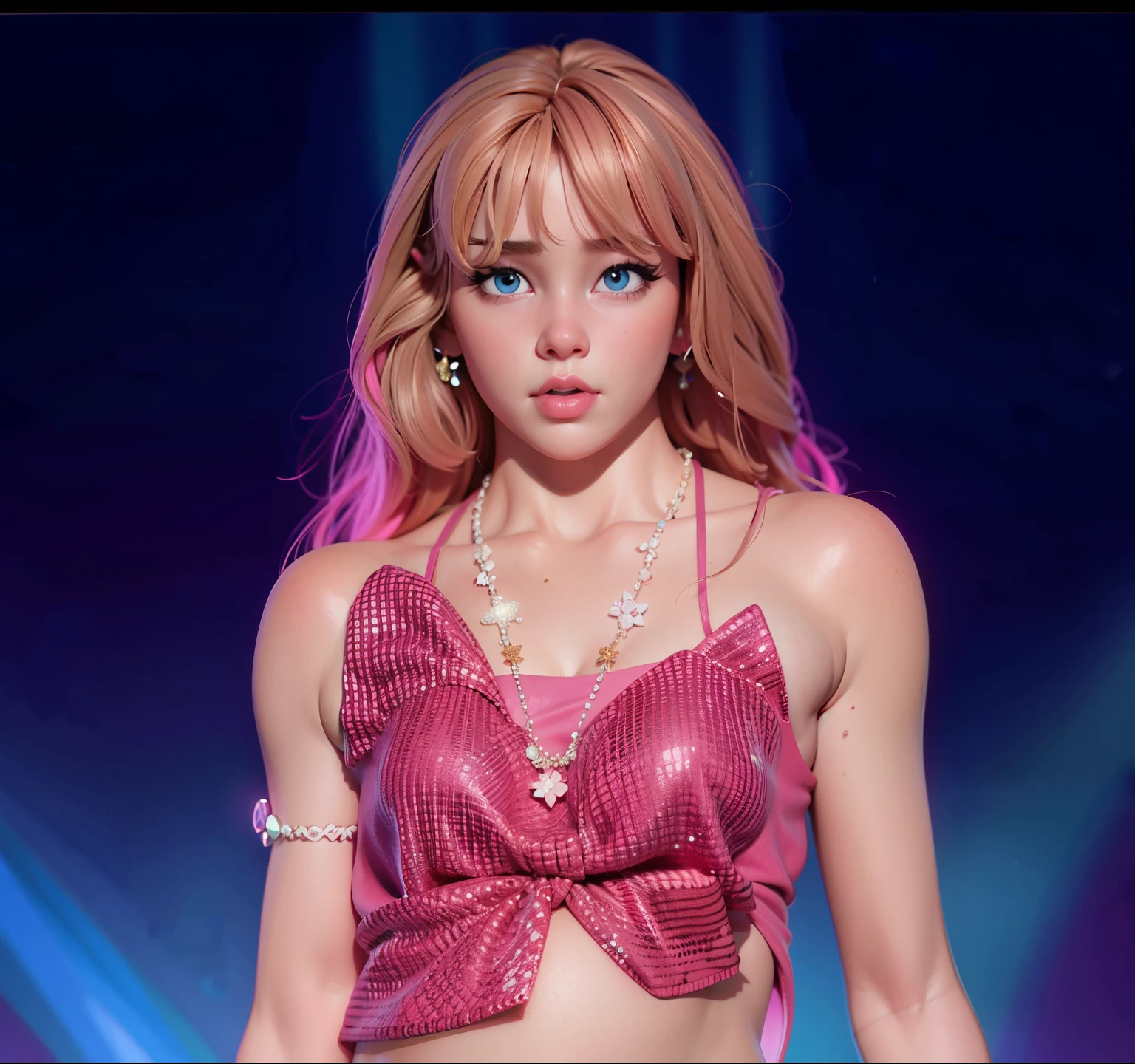 a close up of a person in a pink top and a diamond necklace, looking at viewer, pupil at centre, baby eyes, a bit plump cheeks