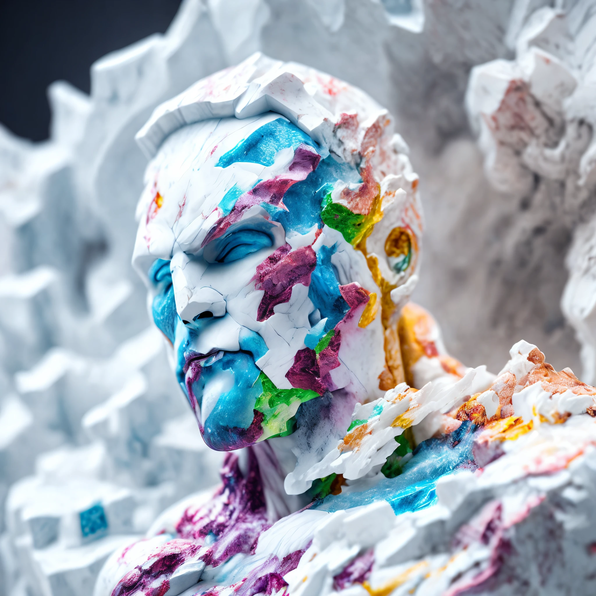 Close-up (multi coloured marble man with a broken face from Marvel in marble style: 1.3) emerging from the marble world, well detailed, sparks, flying debris, volumetric light
