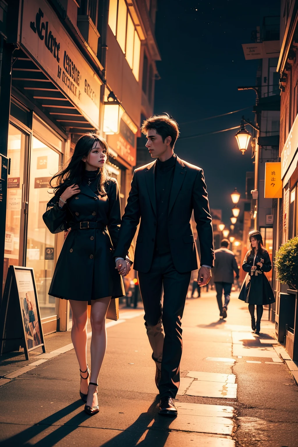 ((best quality)), ((masterpiece)), (detailed), /imagine prompt A romantic cityscape at midnight, with a couple taking a leisurely stroll under the glow of city lights. The scene captures the quiet beauty of the night and the intimacy of shared moments.