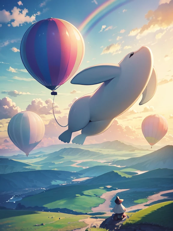 fantastic landscape、, Wander through a fantasy world of clouds and rainbows, floating balloon whale,A surreal landscape where balloon animals move vividly