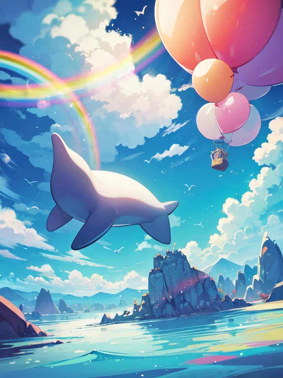 fantastic landscape、, Wander through a fantasy world of clouds and rainbows, floating balloon whale,A surreal landscape where balloon animals move vividly