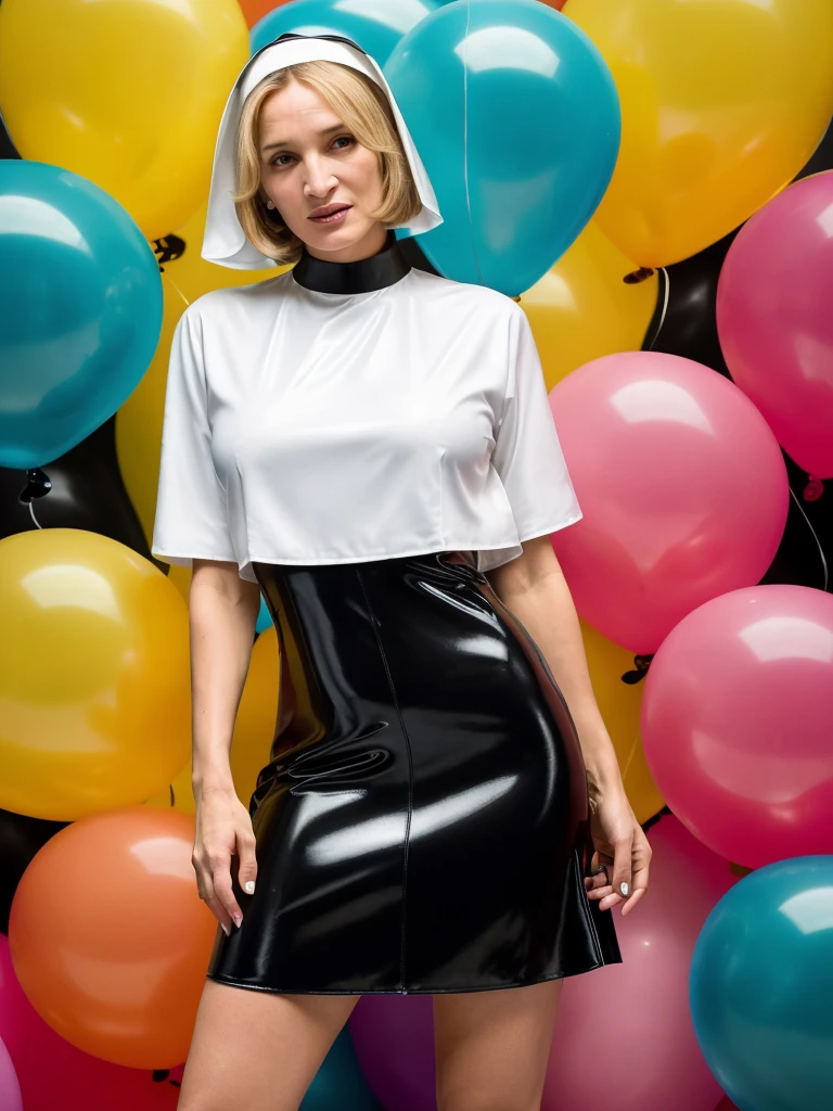 (full body shot, ultra-detailed, best quality, photorealistic:1.37, 4k, realistic, portrait, photography, Uma Thurman, fighting iconic pose, latex, dressed like a nun, blonde short bob haircut, detailed facial features, black balloons floating all around, vibrant colours, 35mm)