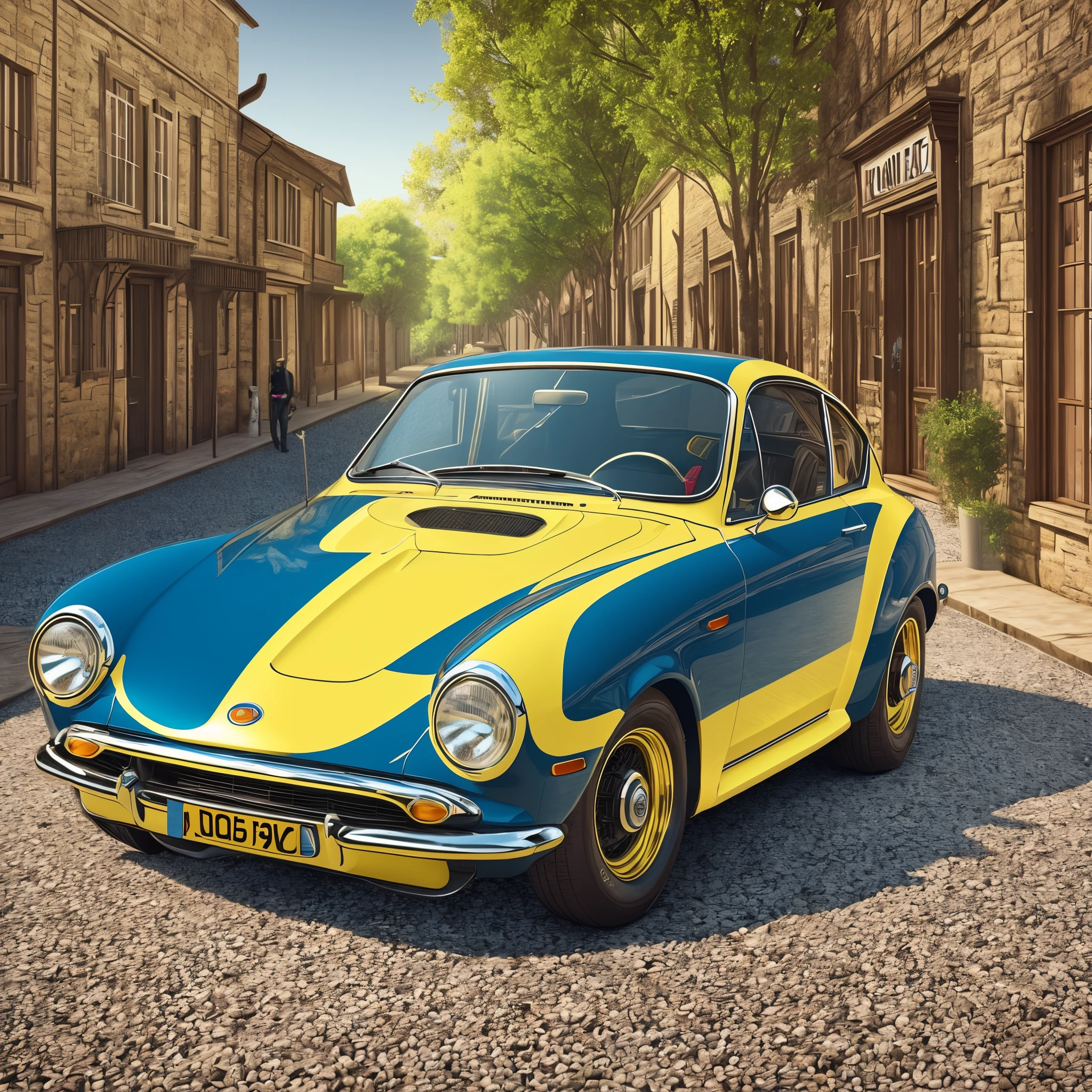 yellow and blue colour car, spectators in the background behind the car, photo realistic --auto --s2