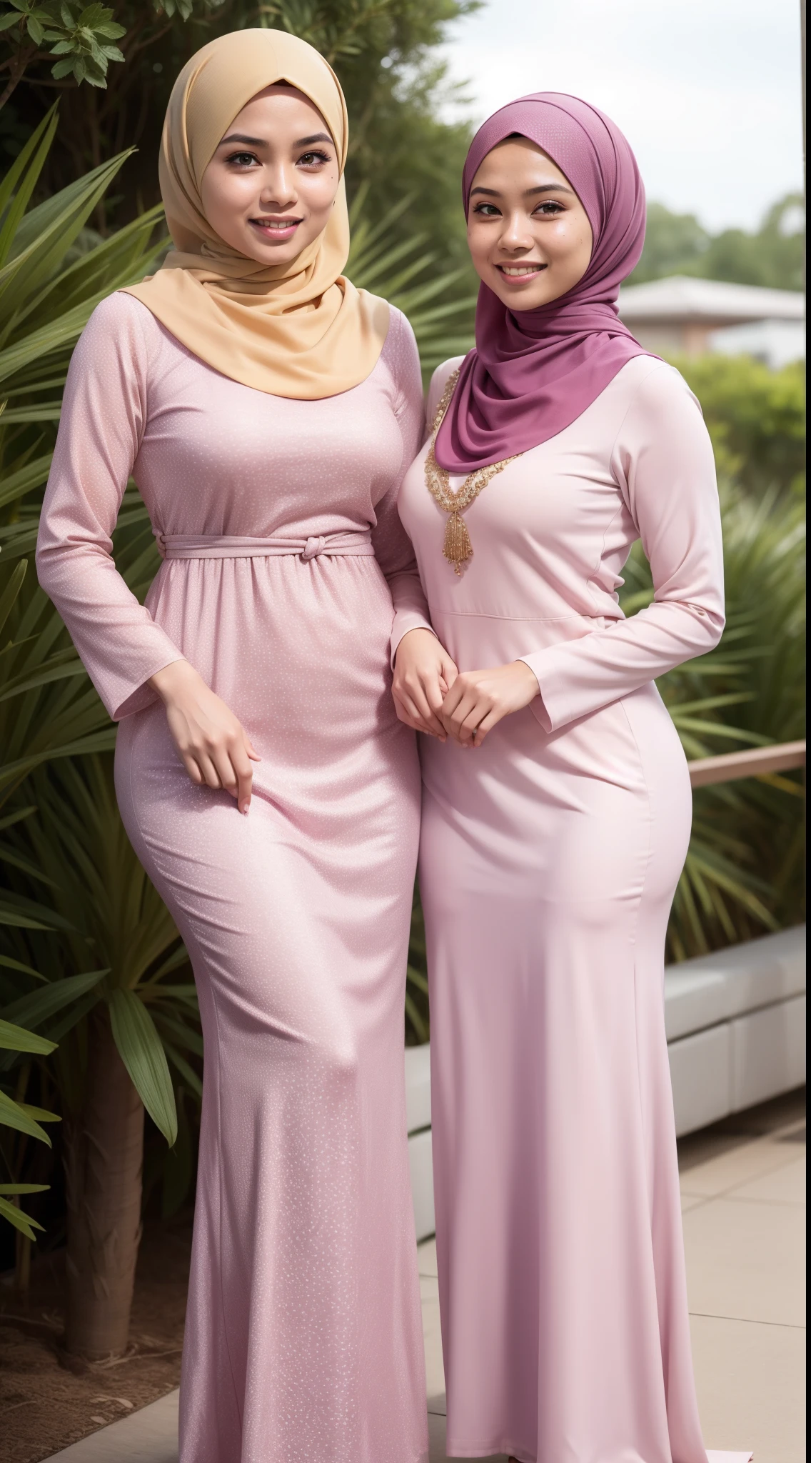 Two Malay girl in hijab wear baju kurung, pastel color, seating, front view, detail skin, detail skin texture, mole below eyes, big breast, big hip, big waist, big thigh, slim abs, beautiful body, evening, laughing, happy, bright lighting, blur background, bokeh,