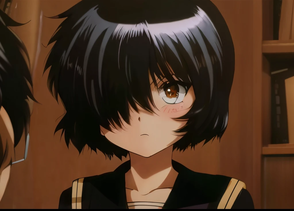 Imagen anime de una chica con cabello negro y una camisa negra., Fubuki, Cabello negro Hime cortado, Ella tiene el pelo negro con flequillo, De cerca Iwakura Lain, Primer plano de Lain Iwakura, como personaje de anime, Iwakura Lain, Primer plano de Iwakura Lain, Sui Ishida con cabello negro